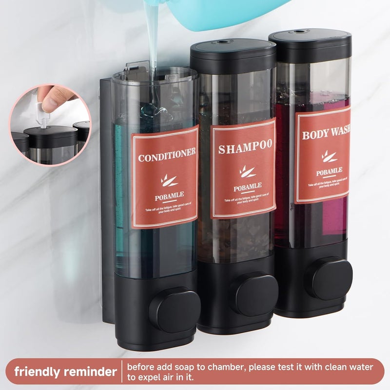 POBAMLE Shampoo and Conditioner Dispenser Wall Mounted Shower Soap Dispenser No Drill Shampoo Dispenser for Shower 3 Chamber Bathroom Body Wash Shower Gel Holder Black - Image 4